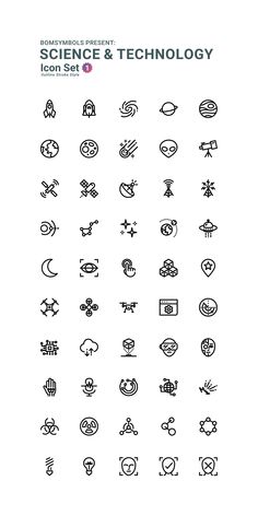 the science and technology icon set is shown in this black and white version, with different symbols