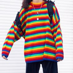 Multicolor Sweater For Spring Streetwear, Oversized Rainbow Casual Sweater, Casual Oversized Rainbow Sweater, Casual Rainbow Top For Winter, Casual Rainbow Tops For Winter, Multicolor Crew Neck Sweater For Streetwear, Multicolor Long Sleeve Sweater For Streetwear, Multicolor Long Sleeve Streetwear Sweater, Rainbow Crew Neck Sweater For Fall