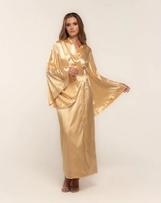 Ankle length, wrap-over style, with two sets of inside ties. One tie is included. Material Composition: polyamide 60%, viscose 20%, polyester 10%, silk 7%, elastane 3% Fancy Robes, Summer Dresses With Sleeves, Robe For Women, Silk Robes, Nightgown Sets, Wrap Dress Short, Velvet Kimono, Beautiful Summer Dresses, Satin Kimono