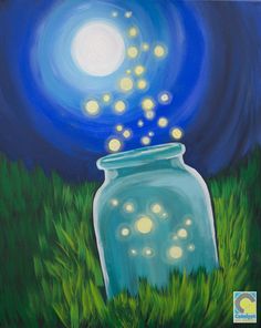 an acrylic painting of a jar with fireflies coming out of it in the night sky