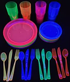 neon colored plastic plates, forks and spoons