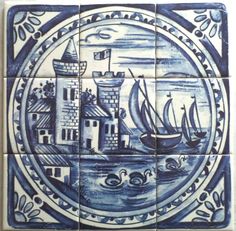 a blue and white tile with boats on it