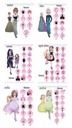 several different types of dolls are shown in this graphic style, including dresses and hair accessories