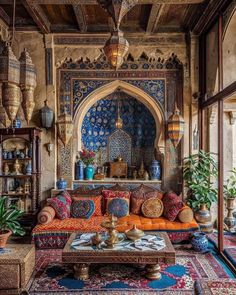 a living room with lots of colorful furniture