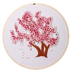 the embroidery pattern shows a tree with pink flowers on it