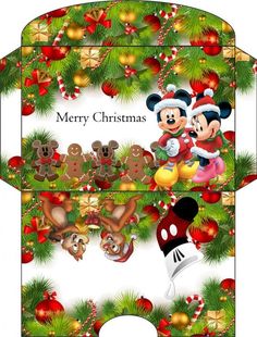 mickey and minnie mouse christmas gift box with ornaments on the bottom, and merry christmas