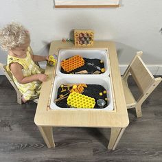 Our single-lid Sensory Table features a one-piece, double-sided Chalkboard / Dry-Erase board lid to make it into a perfect traditional kid's table. It's two tables in one! Our sensory table encourages tactile exploration and learning! This intuitive sand and water activity table is perfect for all types of sensory play.  You have the choice of 18" or 21" table height to fit kids of all ages. The minimalist design is a great fit for any style of interior. Made from a one-piece solid, Baltic Birch Activity Table For Kids, Ikea Trofast Storage, Classroom Table, Water Table Activities, Water Activity, Classroom Tables, Sand And Water Table, Toddler Chair, Playroom Storage