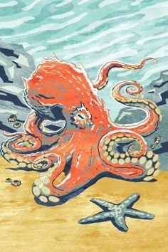 an octopus and starfish on the beach with rocks in the background, watercolor drawing