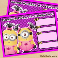 two minions birthday party cards with pink and purple background