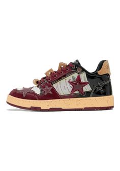 Retro Star Sneakers-Wine Limited - PSYLOS 1 Shoelace Accessories, Custom Shoes Design, Burgundy Shoe, Shoe Reference, Maroon Sneakers, White And Gold Shoes, Cork Accessories, Painted Canvas Shoes, Label Printing