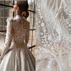 a woman in a wedding dress looking out the window