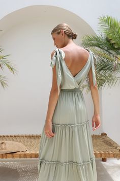 Isabella Gown | Sage · HAZEL & FOLK Solid Summer Maxi Dress With Ruched Bodice, Chic Maxi Dress With Ruched Back For Brunch, Chic Brunch Maxi Dress With Ruched Back, Summer Bridesmaid Maxi Dress With Smocked Back, Summer Bridesmaid Maxi Dress With Ruched Detail, Summer Bridesmaid Ruched Maxi Dress, Solid Satin Maxi Dress For Summer, Chic Maxi Dress With Knotted Straps For Garden Party, Summer Satin Maxi Dress For Brunch