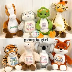 there are many stuffed animals on the shelf with their names and numbers in different colors