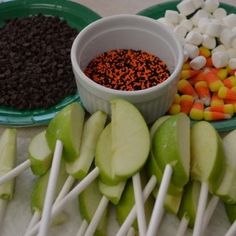 apples, marshmallows, and chocolate chips are arranged on the table