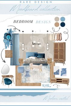 a blue and white bedroom design board with furniture, decorating items, and accessories