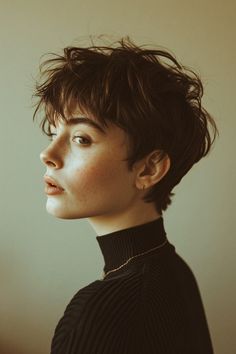 Short Hair 20s Style, Shaggy Short Hair Pixie, Short Haircuts For Big Foreheads, Women's Short Haircut, Short Hair Styles Nonbinary, Womens Short Hair 2024, Undercut Short Hair Women, Stacked Pixie Haircut Back View, Short Hair Androgynous