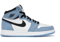 Jordan 1 Retro High White University Blue Black (GS) - 575441-134 - US Jordan 1 High University Blue, Jordan Shoes Girls, Blue Jordans, All Nike Shoes, Cute Nike Shoes, Jordan Sneakers, Air Jordan 1 Retro High, Hype Shoes, Cute Nikes