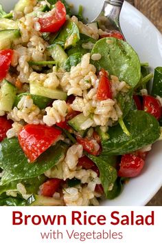 close up serving spoon in a bowl of brown rice salad with vegetables with text Best Brown Rice, Quick Easy Family Meals, Tomatoes And Cucumbers, Brown Rice Salad, Rice Salad Recipes, Tomato Rice, Summer Grilling Recipes, Eat Salad, Rice Salad