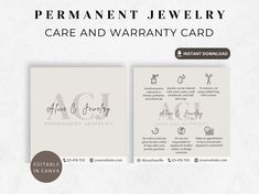 a card with the words permanentent jewelry care and warranty card on it's side