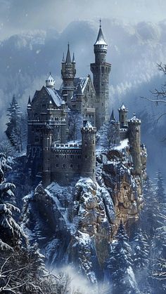 a castle on top of a mountain covered in snow