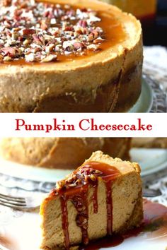 pumpkin cheesecake with pecans and caramel drizzled on the top