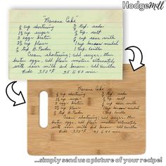 a wooden cutting board with writing on it