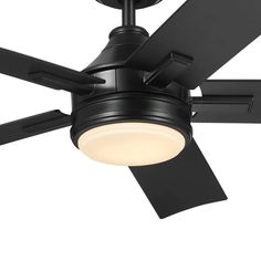 a black ceiling fan with a light on it