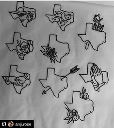 the texas outline tattoos are drawn on white paper