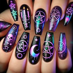 Short Witch Nails, Short Witchy Nails, Witch Nails Designs, Witchcraft Nails, Occult Nails, Harry Potter Nail Art, Violet Nails, Witch Nails, Witchy Nails