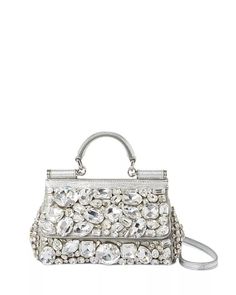 Dolce & Gabbana - Small Sicily Bag with All Over Gemstone Embellishment Luxury Embellished White Bags, Luxury White Embellished Bag, Luxury White Embellished Bags, Designer Silver Embellished Shoulder Bag, Designer Embellished Top Handle Shoulder Bag, Luxury Embellished Silver Bags, Luxury Shoulder Bag With Rhinestones And Top Handle, Embellished Silver Top Handle Bag, Luxury Rhinestone Shoulder Bag With Top Handle