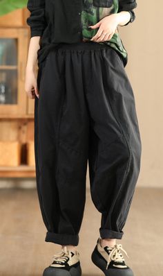 Babakud Women Autumn Retro Cotton Casual Harem Pants Black Cotton Harem Pants For Spring, Spring Black Straight Leg Harem Pants, Non-stretch Black Cotton Pants, Solid Color High Waist Baggy Harem Pants, High Waist Baggy Solid Color Harem Pants, High Waist Baggy Harem Pants, Black Straight Leg Harem Pants With Pockets, Black Non-stretch Wide Leg Cargo Pants, Black Cotton Straight Leg Harem Pants