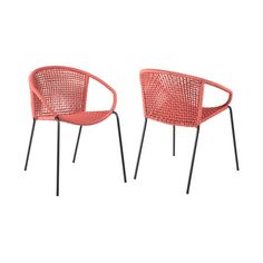 two orange chairs sitting next to each other on top of a white surface with black legs