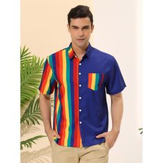 The summer patchwork shirt features solid color and stripe in color block design, timeless and stylish. Charming color block style design, eye-catching, a variety of options for you to choose from. The shirt is suitable for vacations, walks, parties, outdoor leisure places, such as Hawaiian beaches, camping, etc. Available in multiple colors, a wardrobe necessity for summer holidays. Blue Shirt With Contrast Stripes For Summer, Multicolor Vertical Stripes Shirt For Summer, Multicolor Vertical Striped Summer Shirt, Multicolor Vertical Stripes Summer Shirt, Casual Blue Shirt With Contrast Stripes, Casual Striped Shirt With Patchwork, Casual Striped Patchwork Shirt, Striped Color Block Cotton Shirt, Multicolor Short Sleeve Shirt With Vertical Stripes