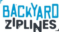 the back yard ziplines logo is blue and has black letters that read,'back yard ziplines '