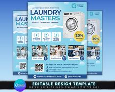 the laundry master flyer is shown in three different colors, including blue and white tones