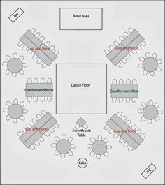 the floor plan for an event with tables, chairs and seating areas on each side