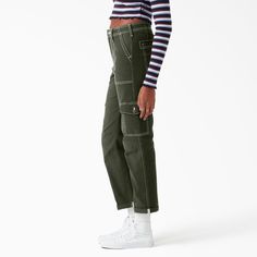 Crafted for comfort and practicality, Dickies Women's Cuffed Utility Pants bring so much function, so much comfort, and so much style. Constructed from a sturdy cotton duck fabric that has just the right amount of stretch, these pants were made to perform. Sporty Straight Leg Pants With Multiple Pockets, Sporty Straight Leg Pants With Belt Loops, Sporty Fall Bottoms With Multiple Pockets, Sporty Bottoms With Multiple Pockets For Fall, Green Tapered Leg Bottoms With Multiple Pockets, Trendy Tapered Leg Bottoms With Patch Pockets, Sporty Relaxed Fit Bottoms With Belt Loops, Green Tapered Leg Cargo Work Pants, Green Cargo Style Work Pants With Tapered Leg