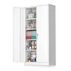 an open cabinet with many books on it