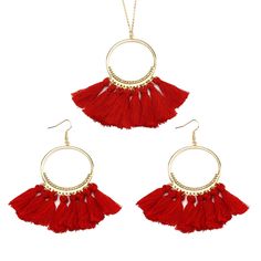 PRICES MAY VARY. ★Measurement: Tassel length is 3cm/1.18inches, Diameter of circle is 4cm/1.57inches, chain length is 60cm/23.62inches. ★Material: Made of quality fiber and alloy. ★Handmade earring and necklace: Colorful handmade soft thread earring and necklace easy to match your costume, economic jewelry set worth to buy. ★Bohemian style: Classical but fashion style make your looks elegance and charming in the the crowd. ★Cant be wear in any occasion, give the delicate jewelry set as unique gi Summer Dangle Jewelry With Latkans, Trendy Fringe Jewelry As Gift, Trendy Fringed Jewelry As Gift, Trendy Fringe Jewelry For Gifts, Trendy Fringe Jewelry Gift, Red Fringe Summer Jewelry, Red Fringe Jewelry For Summer, Red Tassel Jewelry For Summer, Red Tasseled Jewelry For Summer