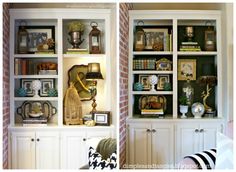 a living room filled with lots of furniture and bookshelves covered in pictures on top of them