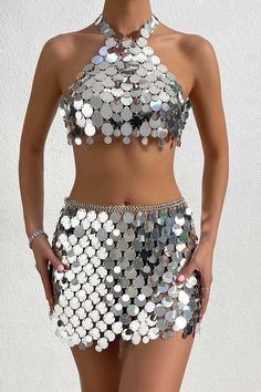 Features Of Two Piece Silver Sequin Set 💖1.Vibrant Sequin DecorationThe sequins on this two piece silver sequin set are meticulously arranged, creating a stunning effect. Each sequin adds to the vibrancy of the skirt.💖2.Attractive DesignThe sequins sparkle in the light, ensuring you bcome the center of attention wherever you go. If you love capturing everyone's gaze, this eye-catching silver sequin dress is your perfect choice.💖3.Quality WorkmanshipHandcrafted by skilled artisans, this sequin Fitted Silver Sequined Mini Skirt, Summer Silver Sequined Mini Skirt, Silver Disco Mini Skirt For Summer, Glamorous Silver Mini Skirt For Summer, Silver Sequined Mini Skirt For Party, Glamorous Silver Sequined Mini Skirt, Halter Crochet Top, Mirror Body, Halter Crochet