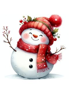 a snowman wearing a red hat and scarf