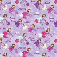 disney princess fabric with the names of her favorite characters and their name in purple flowers