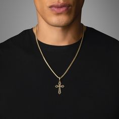 This gold cross pendant, named Honor, is a powerful religious and Christian symbol of hope and the everlasting sacrifice Christ made on the cross. Our solid 14k gold cross necklace for men is crafted by artisan jewelers and made to be worn every day. Wear the mens gold cross chain as a reminder of the virtues you stand for, and Jesus died for, that it may serve as inspiration for others, and a reminder for you to embody and strive to live by his teachings every day. MATERIALS, WEIGHTS & MEASUREM 14k Gold Cross Figaro Chain Jewelry, Gold Cross Pendant Necklace With Box Chain, Gold Cross Necklace With Figaro Chain, Gold Cross Necklace With Box Chain, Figaro Chain Cross Pendant Necklace For Gift, Yellow Gold Cross Jewelry With Figaro Chain, Yellow Gold Polished Cross Necklace Pendant, Yellow Gold Cross Jewelry With Curb Chain, Crucifix Cross Necklace With Curb Chain As Gift