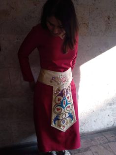 This lovely handmade dress is a darker/deeper red colour, can be short enough to be over the knee  or long enough to scrape the ground beneath your feet. Comes with a matching beautiful silk corset back apron, very much a part of most Armenian tarazes, particularly a married woman.  Machine washable dress, apron should be hand washed or on the most delicate cycle, in a silken laundry bag. Bohemian Party Dresses With Traditional Patterns, Red Long Sleeve Dress With Traditional Patterns, Red Long Sleeve Dresses With Traditional Patterns, Fitted Folk Dress For Festive Occasions, Red Dresses With Traditional Patterns For Festivals, Traditional Red Ceremonial Dress, Red Bohemian Ceremonial Dress, Traditional Red Winter Dress, Red Bohemian Dress For Ceremonial Occasions