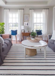 a living room with two couches and a coffee table in front of the windows