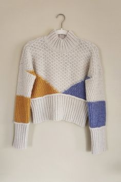 Geo Colorblock Funnel Neck Sweater - Ellekin Knit Inspiration, Cream Body, Funnel Neck Sweater, Textured Sweater, Knit Tops, Periwinkle Blue, Beautiful Knitting, Beige Sweater, Knit Or Crochet