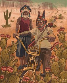 an image of two people on a bike in the desert with cacti behind them