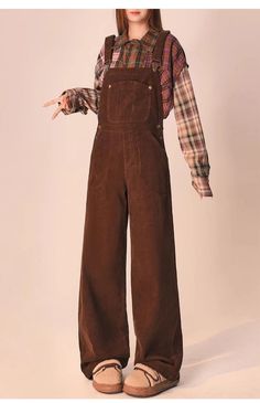 Olivia Mark - Brown Corduroy Overalls Casual Pants Loose Fit Wide Leg Winter Trousers Brown Overalls Outfits, Coveralls Outfit, Brown Overalls, Overalls Outfits, Overalls Casual, Winter Trousers, Seattle Fashion, Collar Jumpsuit, Overall Outfit