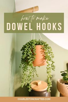 a potted plant with the words how to make dowel hooks hanging on it